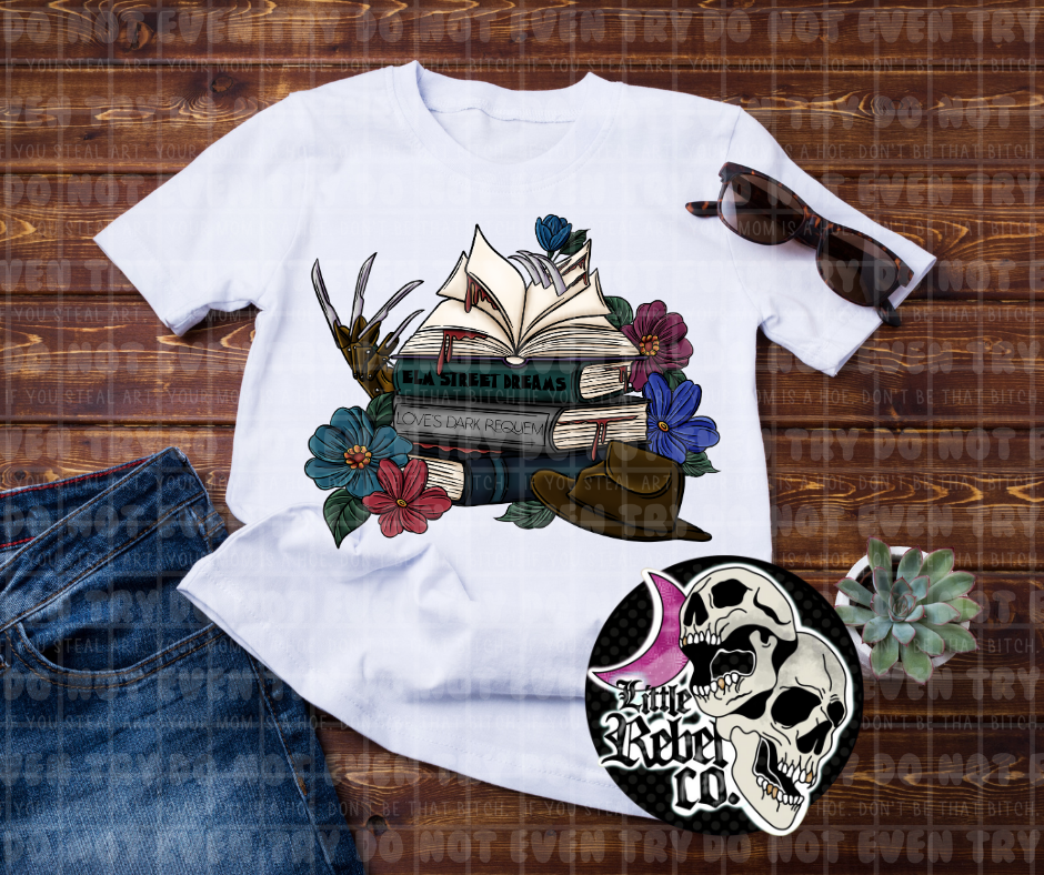 Knife Fingers Guy Book Stack Tee
